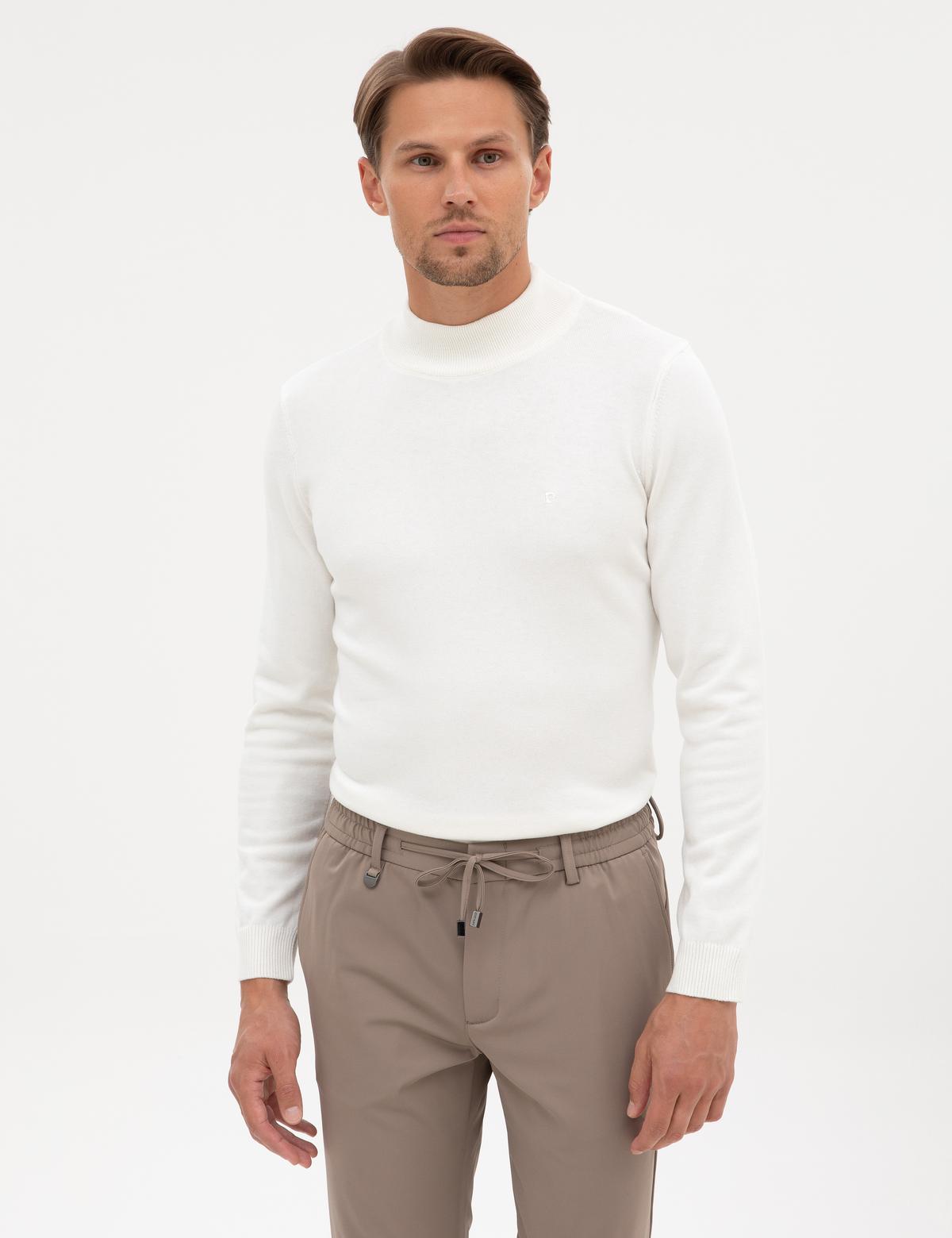 Ekru Slim Fit Yarım Balıkçı Yaka Basic Triko Kazak - 50315457001