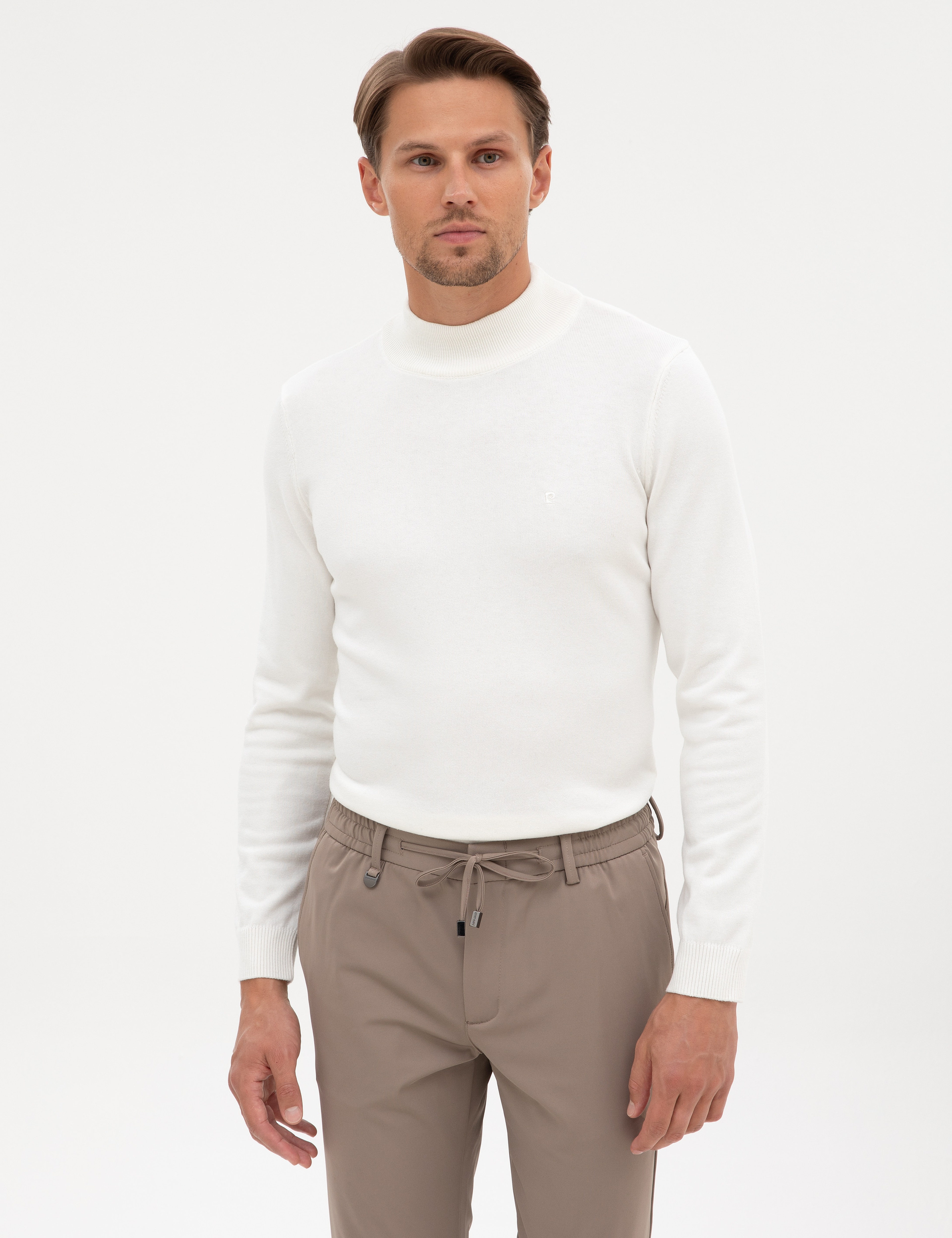 Ekru Slim Fit Yarım Balıkçı Yaka Basic Triko Kazak - Image 3