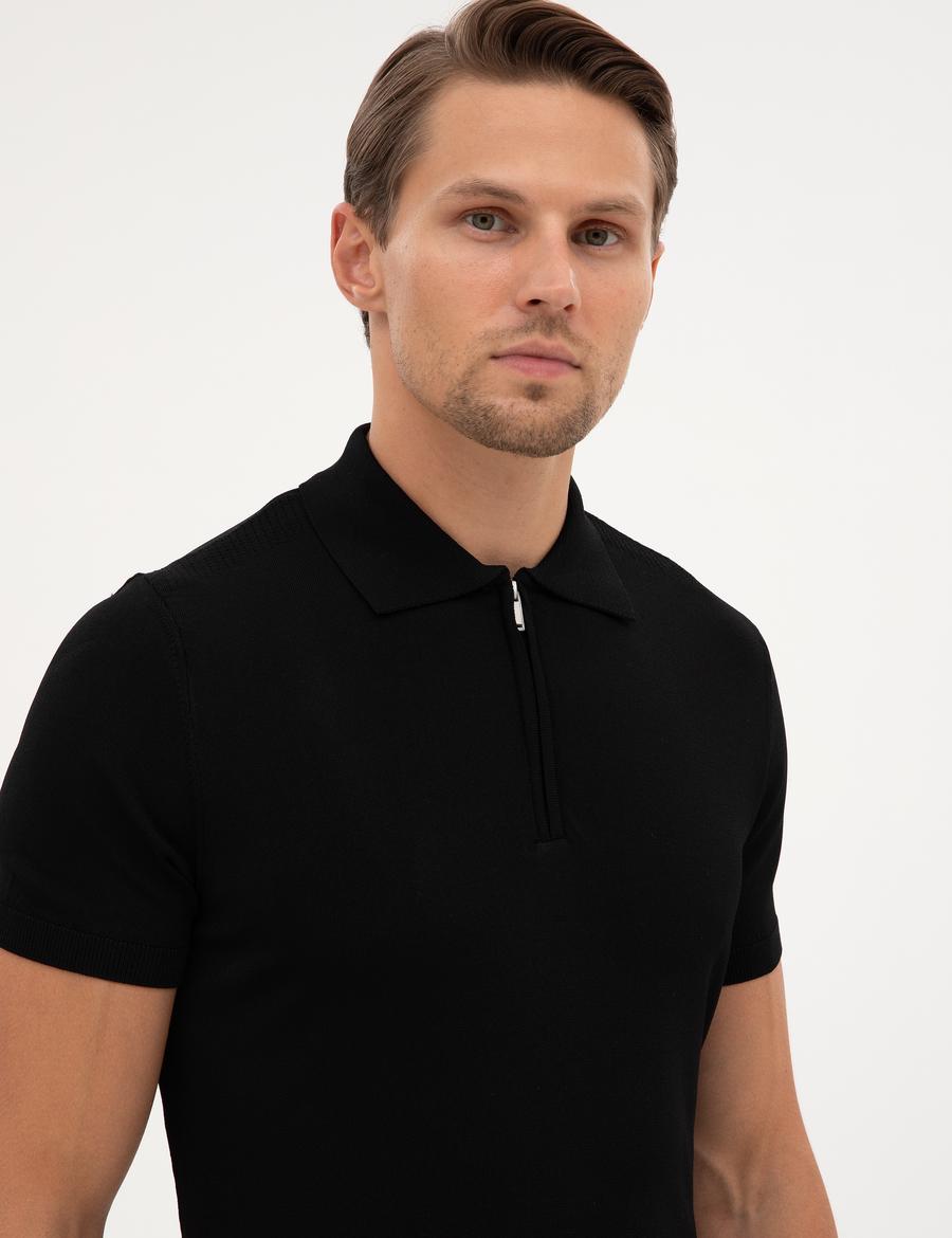 Siyah Slim Fit Polo Yaka Fermuarlı Triko Kazak