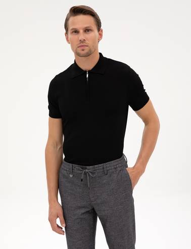 Siyah Slim Fit Fermuarlı Polo Yaka Triko Kazak