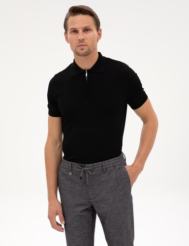Siyah Slim Fit Fermuarlı Polo Yaka Triko Kazak