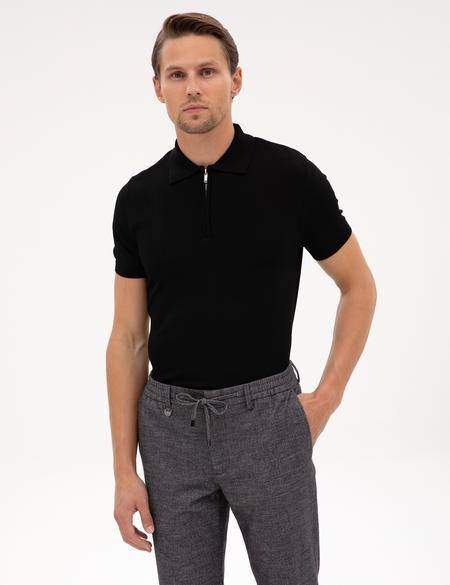 Siyah Slim Fit Polo Yaka Fermuarlı Triko Kazak - 50302609007