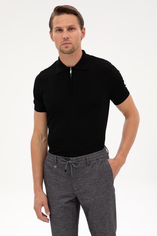 Siyah Slim Fit Polo Yaka Fermuarlı Triko Kazak