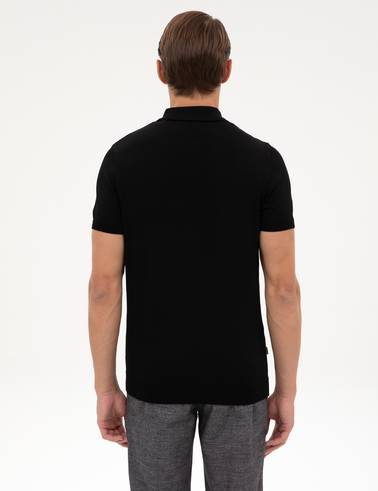 Siyah Slim Fit Fermuarlı Polo Yaka Triko Kazak