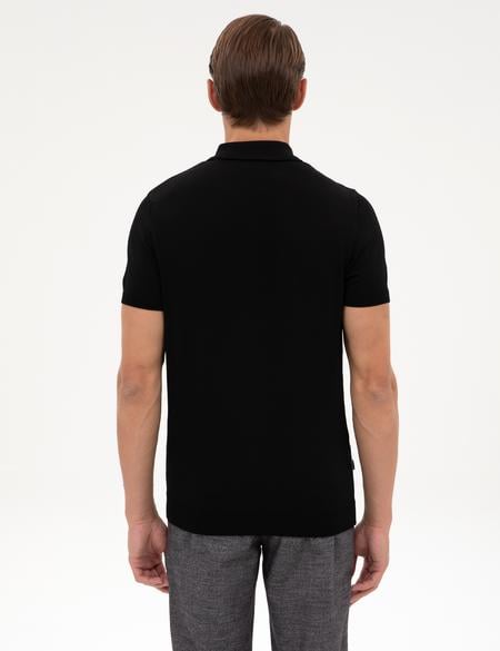 Siyah Slim Fit Polo Yaka Fermuarlı Triko Kazak - 50302609007
