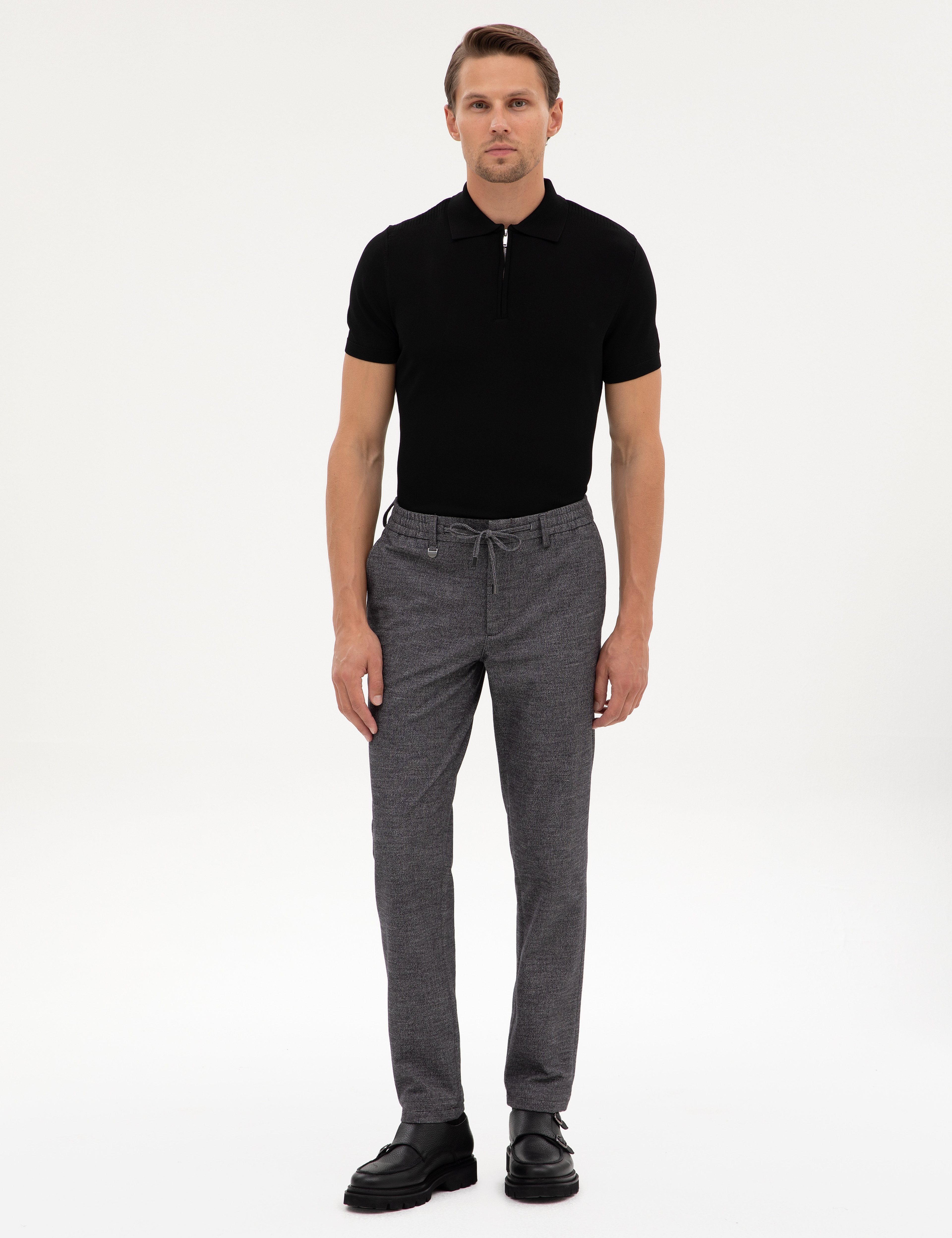 Siyah Slim Fit Fermuarlı Polo Yaka Triko Kazak - Image 4