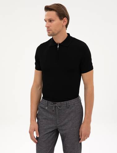 Siyah Slim Fit Fermuarlı Polo Yaka Triko Kazak