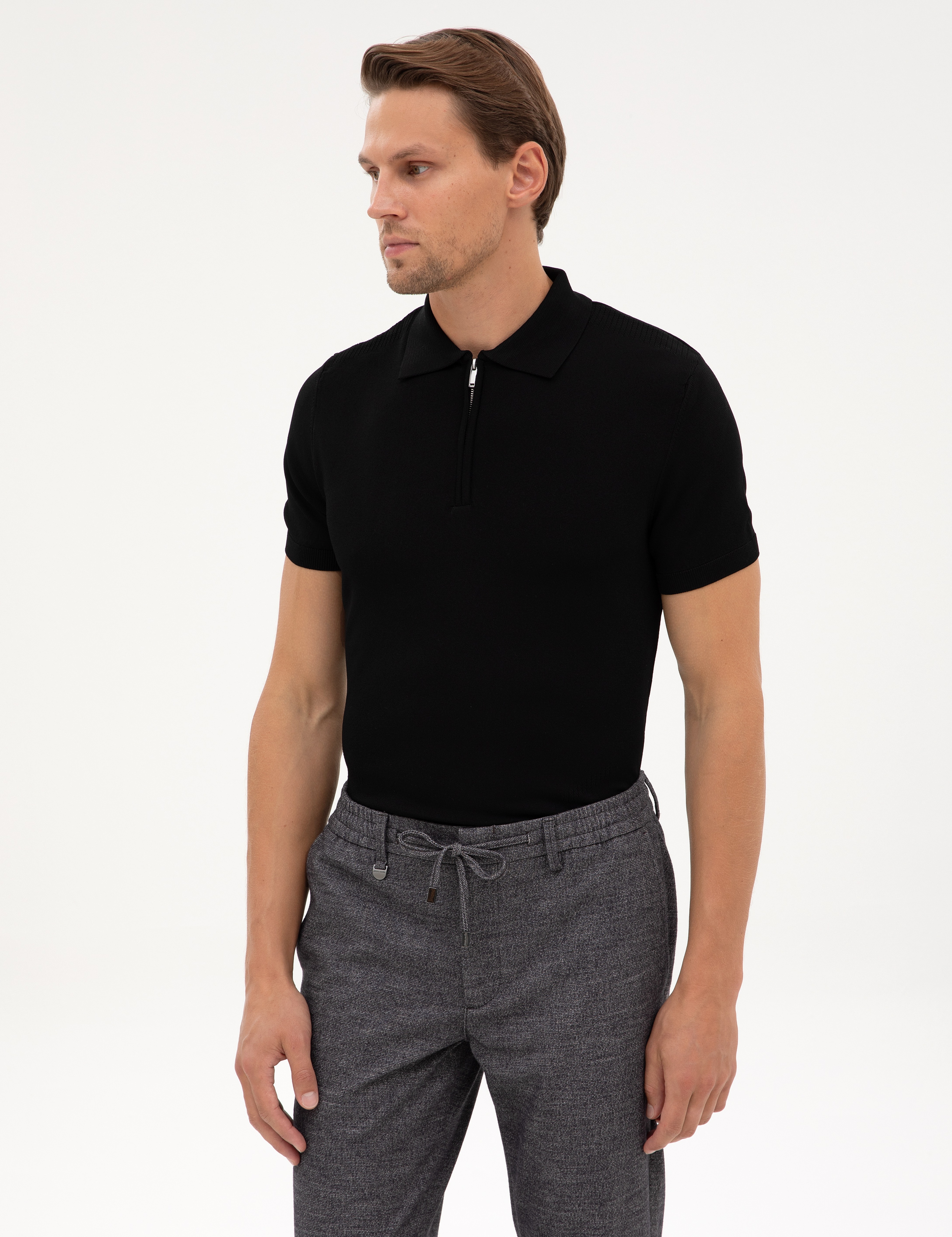 Siyah Slim Fit Fermuarlı Polo Yaka Triko Kazak - Image 3