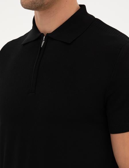 Siyah Slim Fit Polo Yaka Fermuarlı Triko Kazak - 50302609007