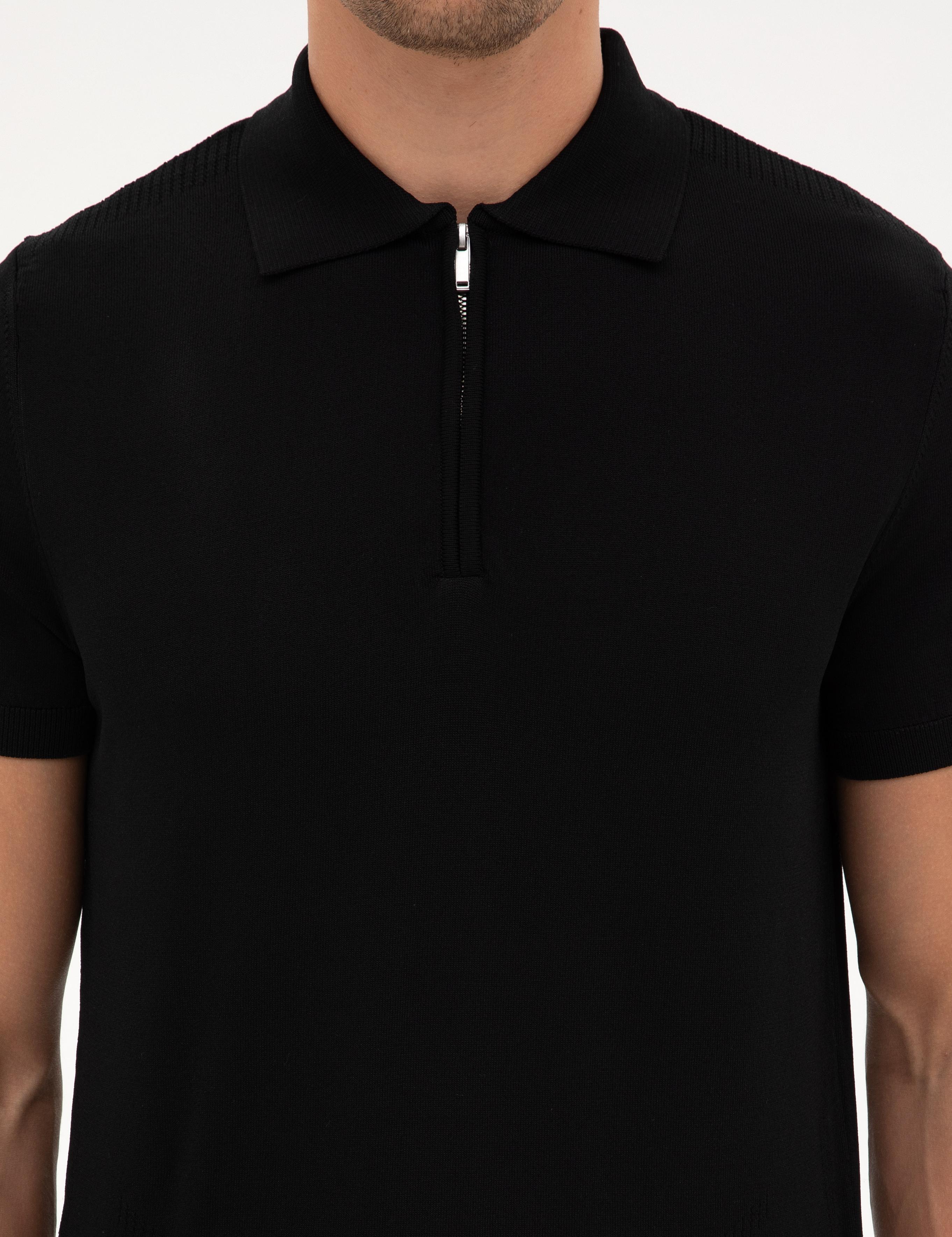 Siyah Slim Fit Polo Yaka Fermuarlı Triko Kazak