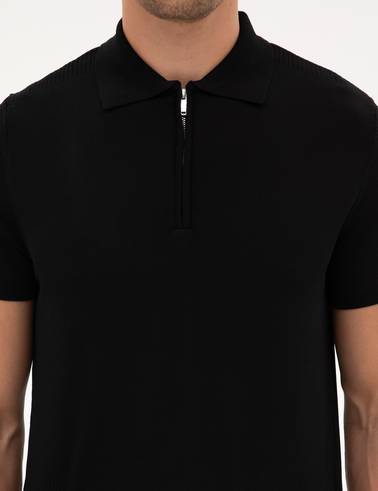 Siyah Slim Fit Fermuarlı Polo Yaka Triko Kazak