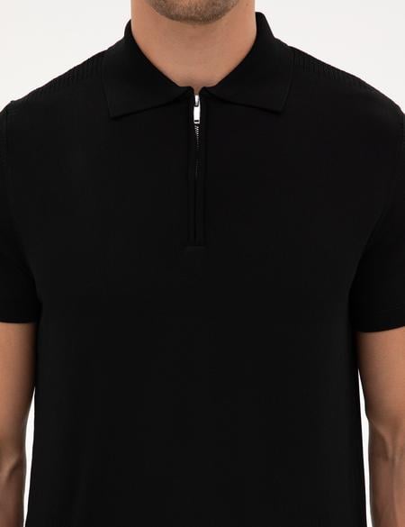 Siyah Slim Fit Polo Yaka Fermuarlı Triko Kazak - 50302609007