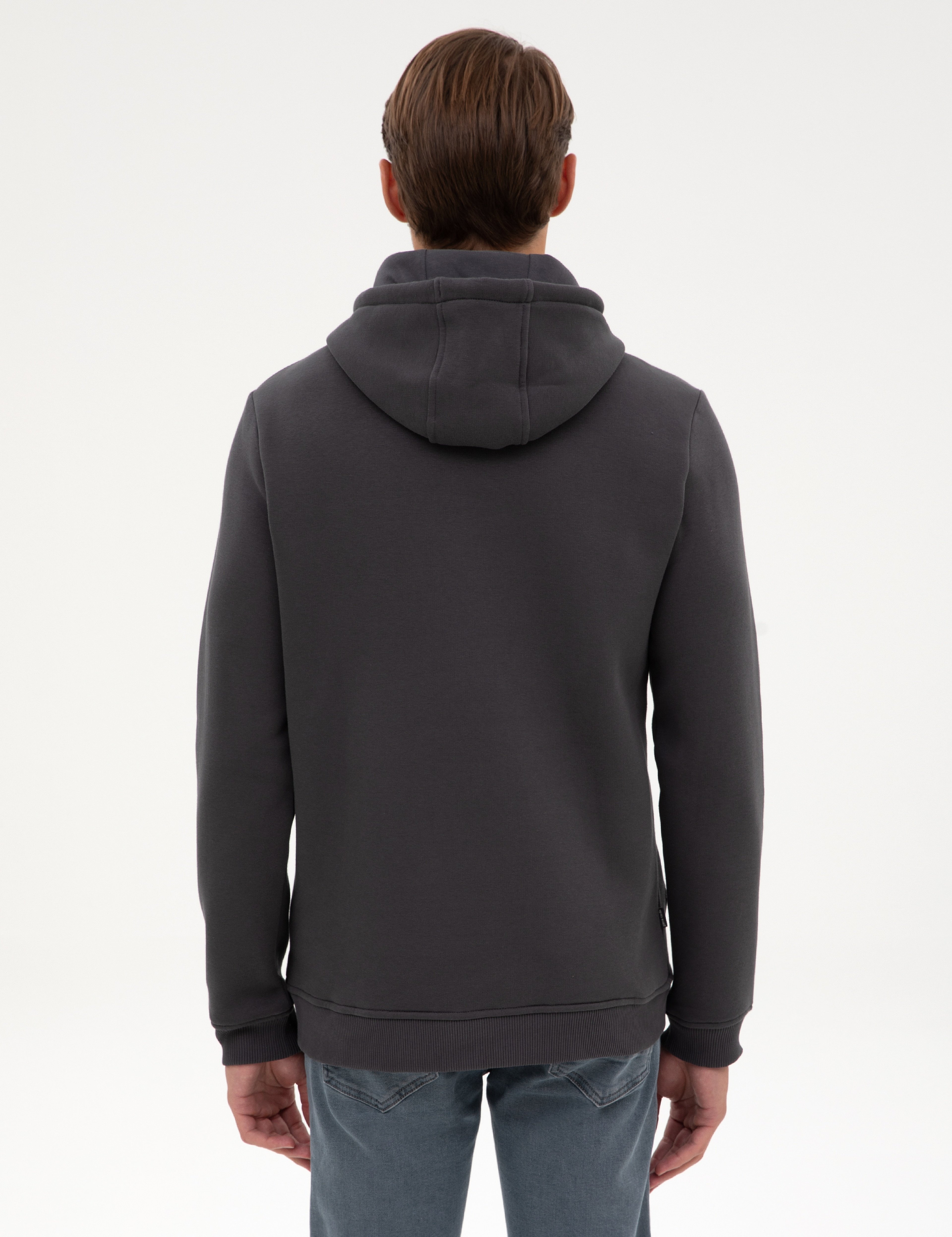 Antrasit 2 İplik Regular Fit Kapüşonlu Basic Sweatshirt - Image 5