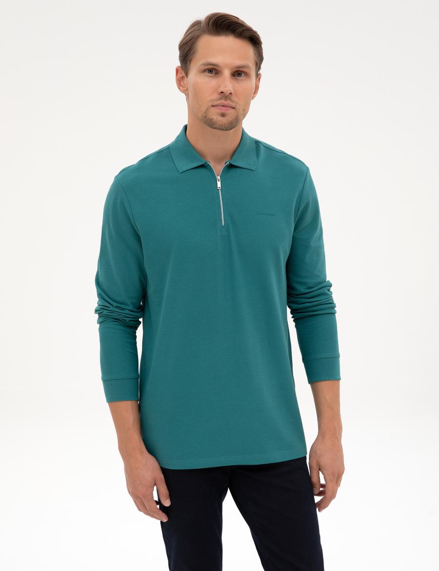 Zümrüt Slim Fit Kıvrılmaz Fermuarlı Polo Yaka Basic Pike Sweatshirt