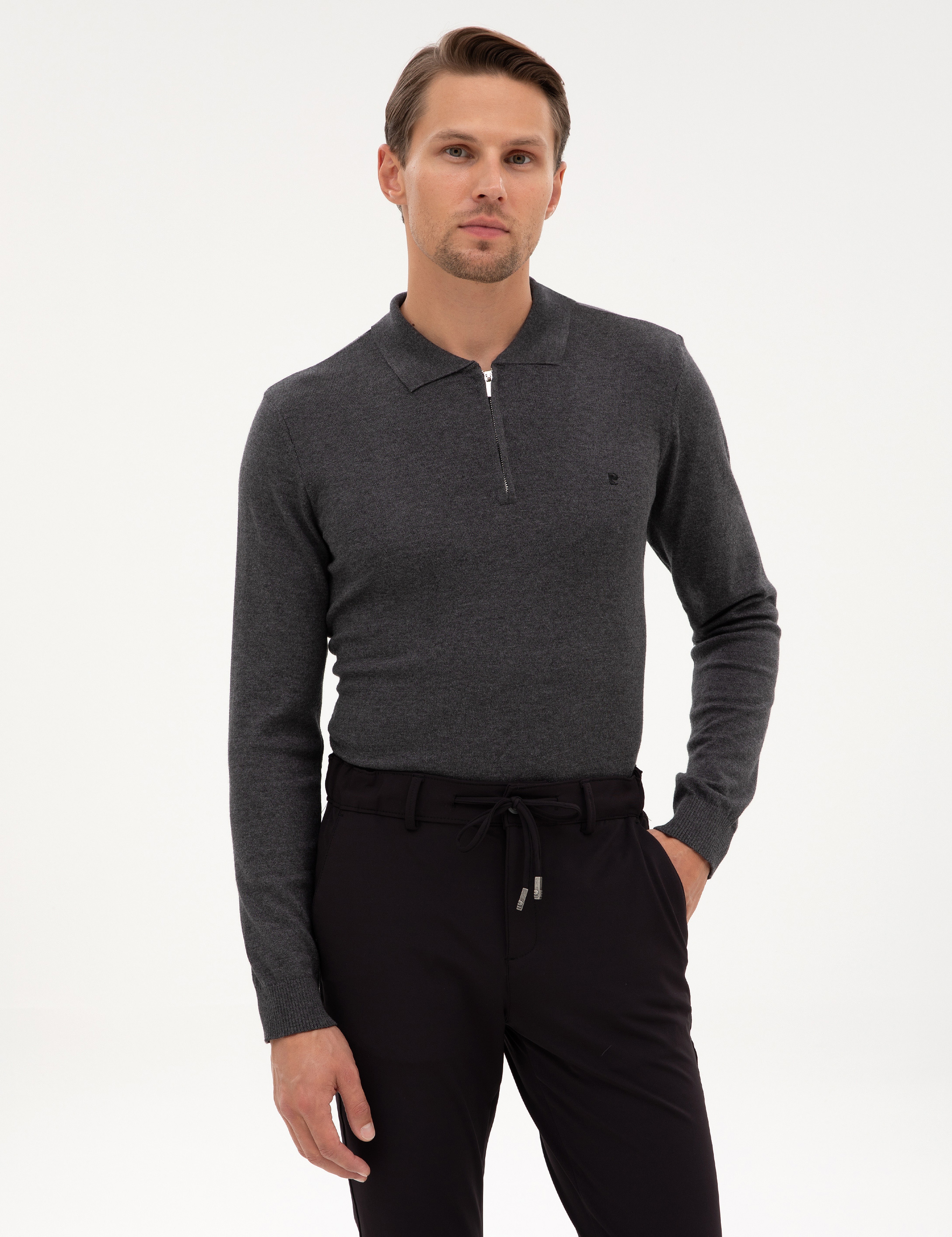 Antrasit Melanj Slim Fit Polo Yaka Fermuarlı Basic Triko Kazak - Image 1