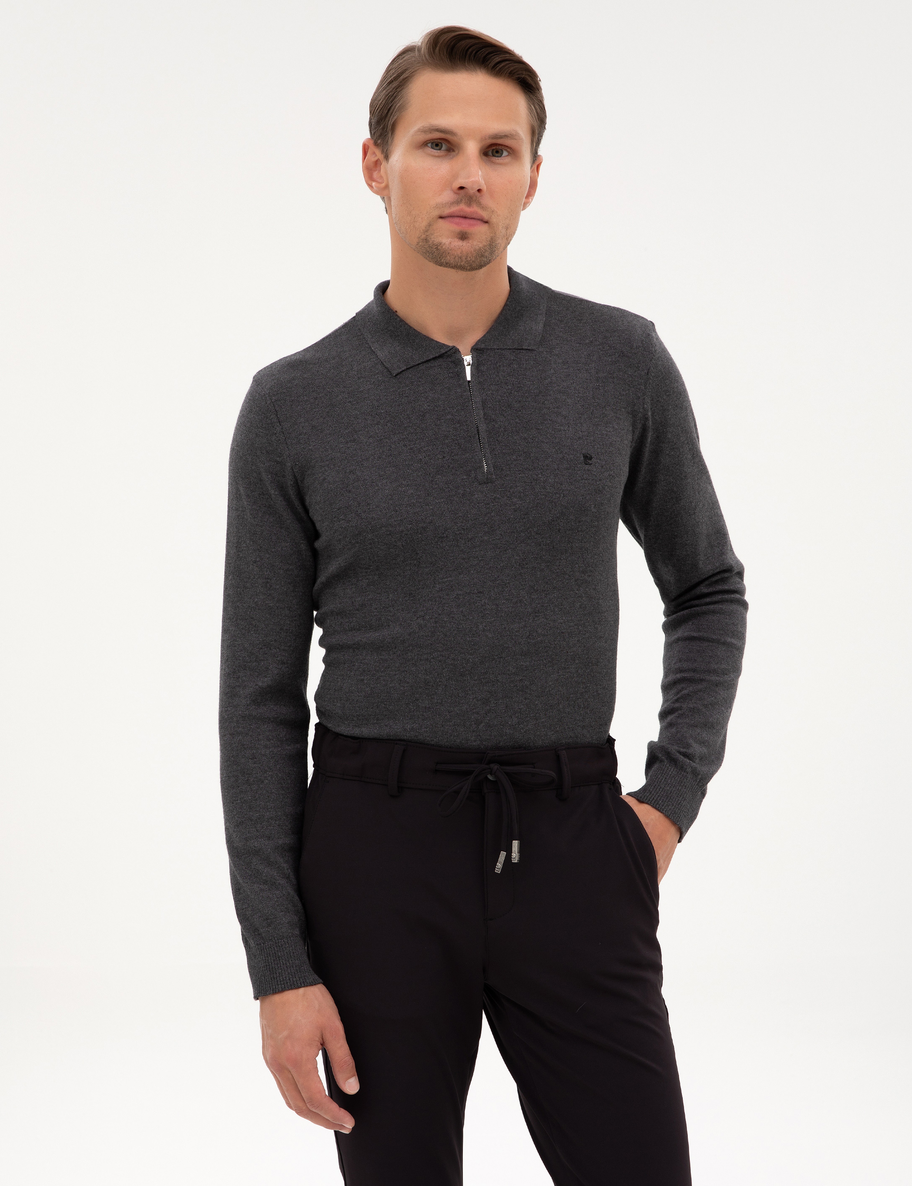 Antrasit Melanj Slim Fit Polo Yaka Fermuarlı Basic Triko Kazak