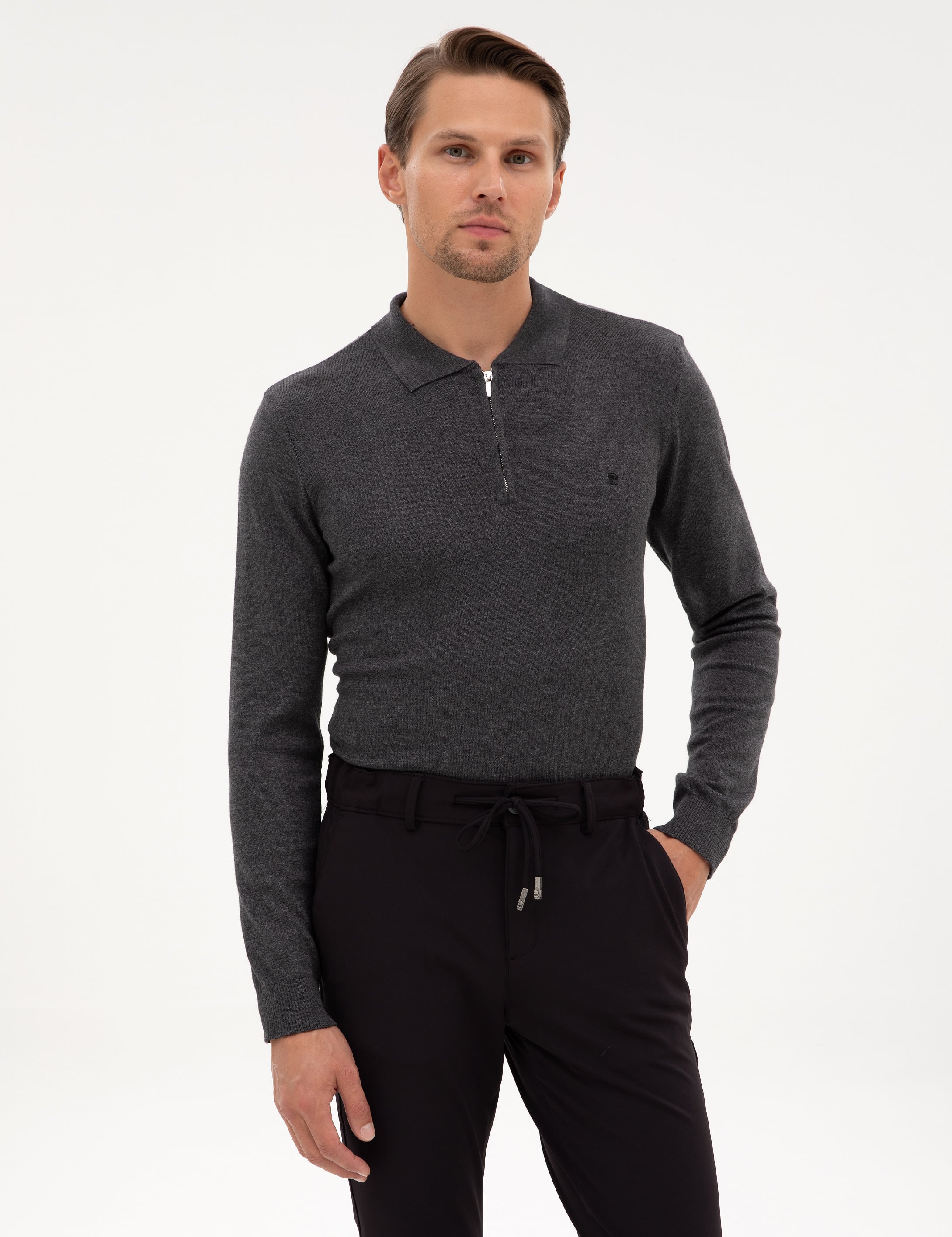 Antrasit Melanj Slim Fit Polo Yaka Fermuarlı Basic Triko Kazak
