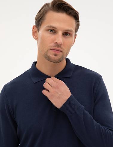Açık Lacivert Slim Fit Polo Yaka Fermuarlı Basic Triko Kazak