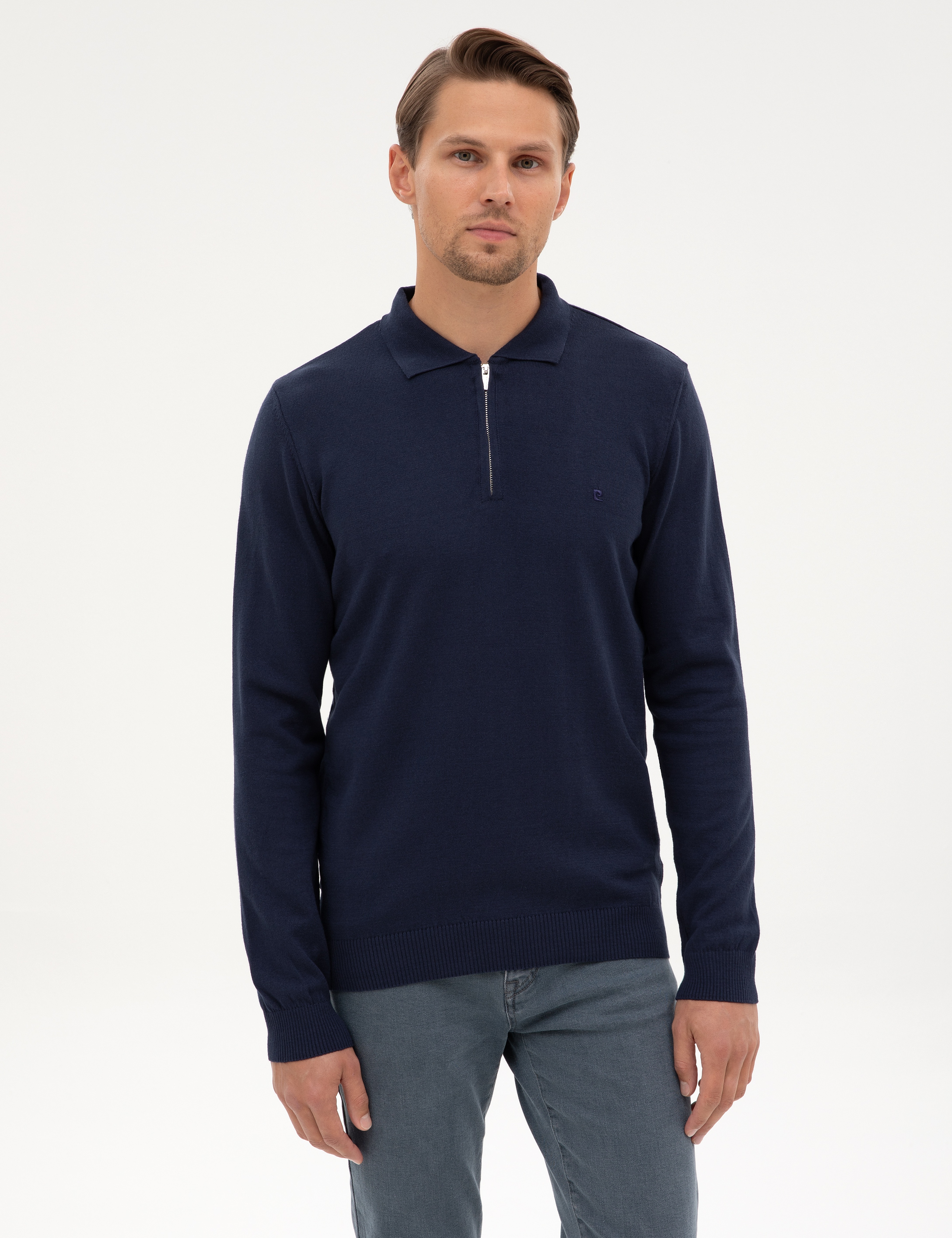 Açık Lacivert Slim Fit Polo Yaka Fermuarlı Basic Triko Kazak