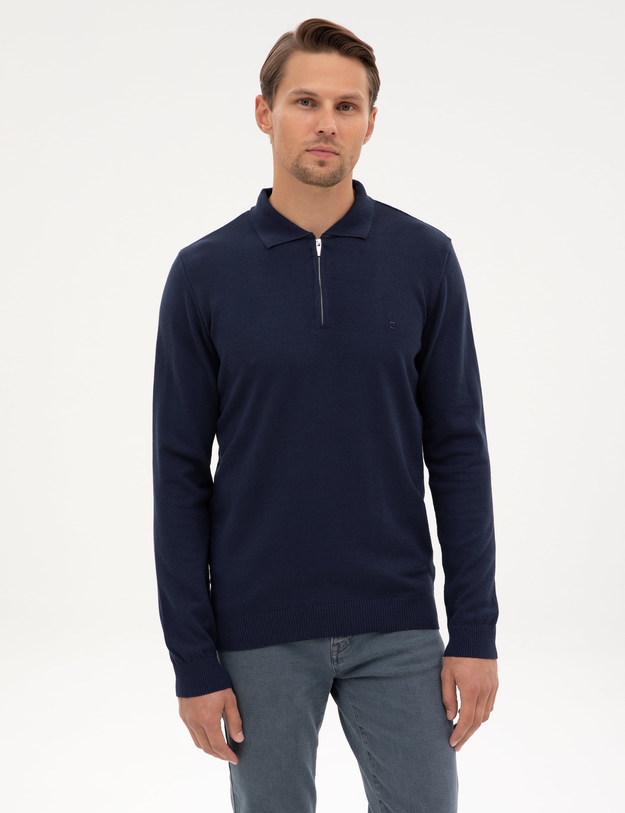 Açık Lacivert Slim Fit Polo Yaka Fermuarlı Basic Triko Kazak