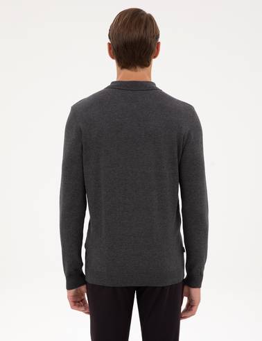 Antrasit Melanj Slim Fit Polo Yaka Fermuarlı Basic Triko Kazak