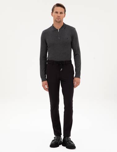 Antrasit Melanj Slim Fit Polo Yaka Fermuarlı Basic Triko Kazak