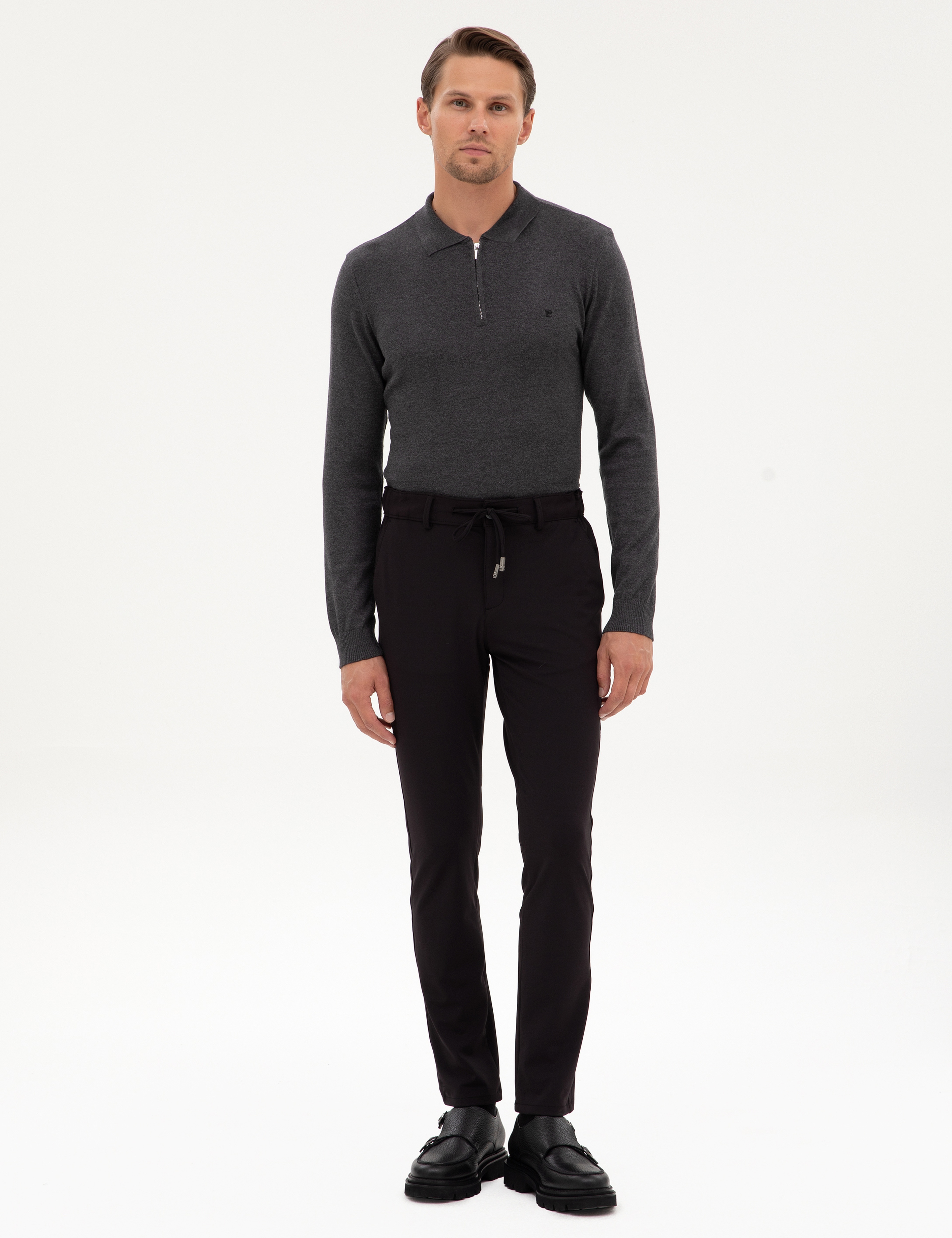 Antrasit Melanj Slim Fit Polo Yaka Fermuarlı Basic Triko Kazak
