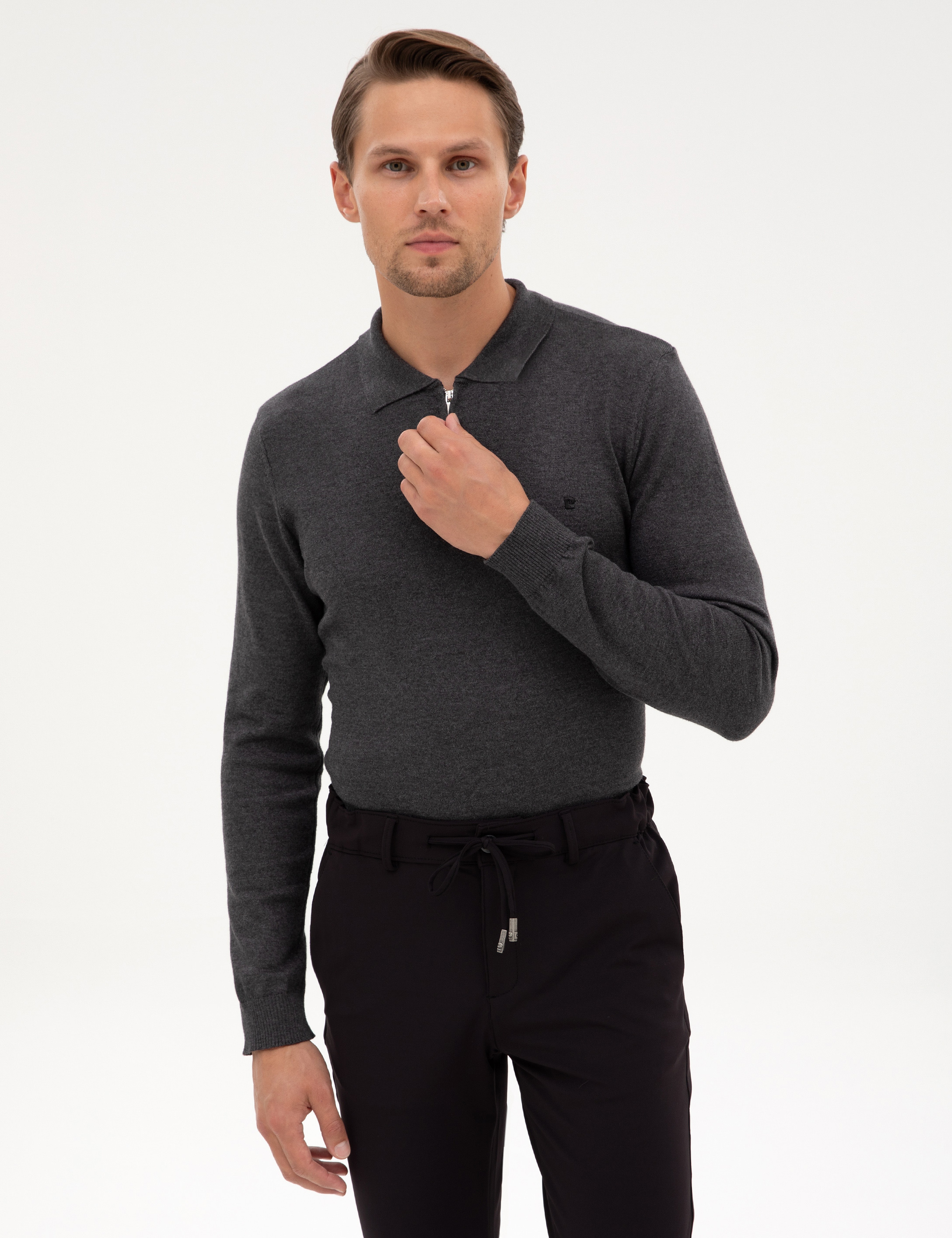 Antrasit Melanj Slim Fit Polo Yaka Fermuarlı Basic Triko Kazak - Image 3