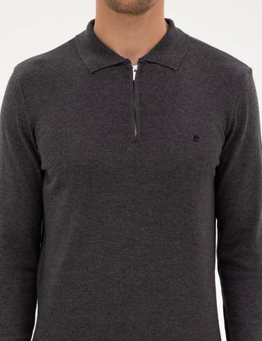 Antrasit Melanj Slim Fit Polo Yaka Fermuarlı Basic Triko Kazak