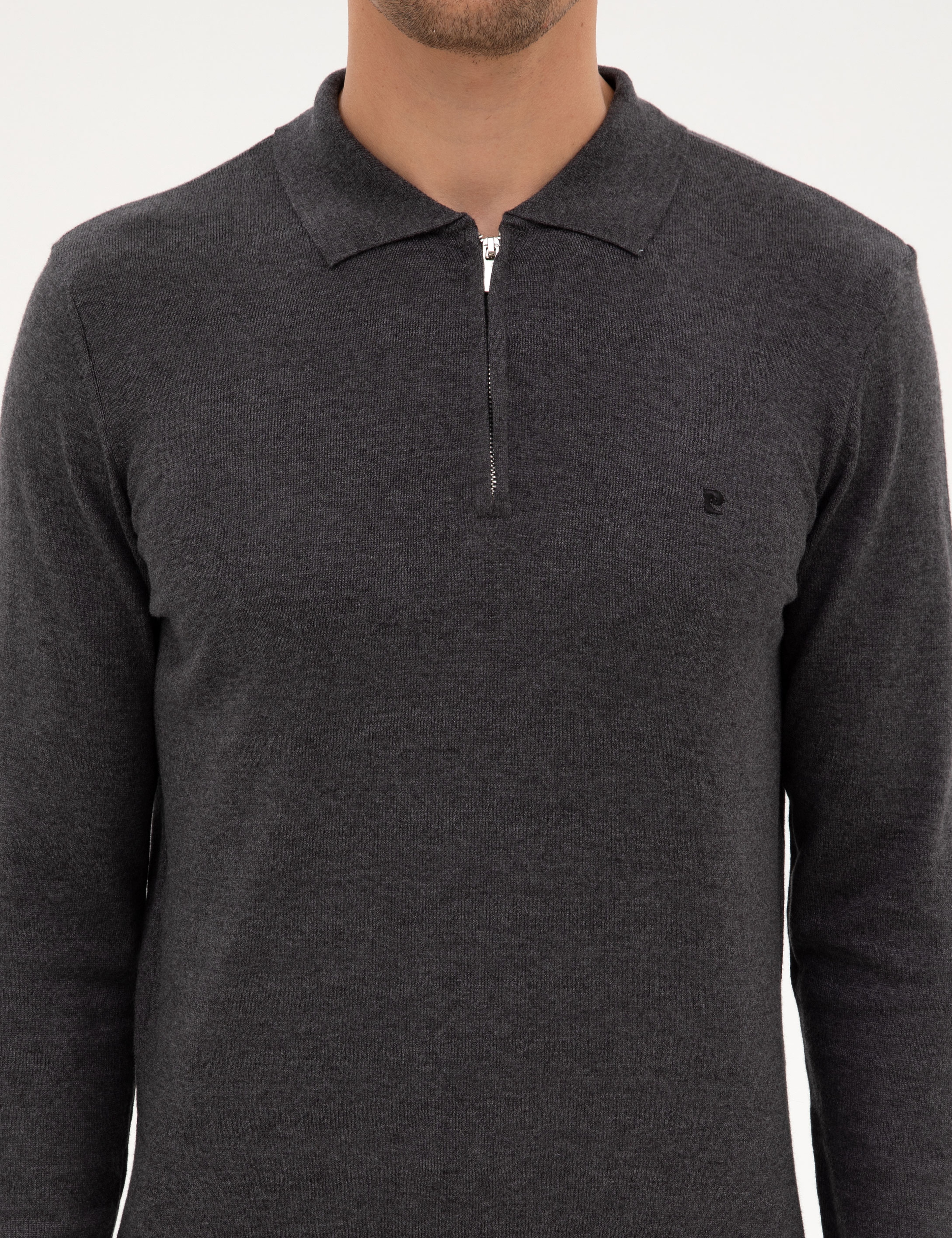 Antrasit Melanj Slim Fit Polo Yaka Fermuarlı Basic Triko Kazak