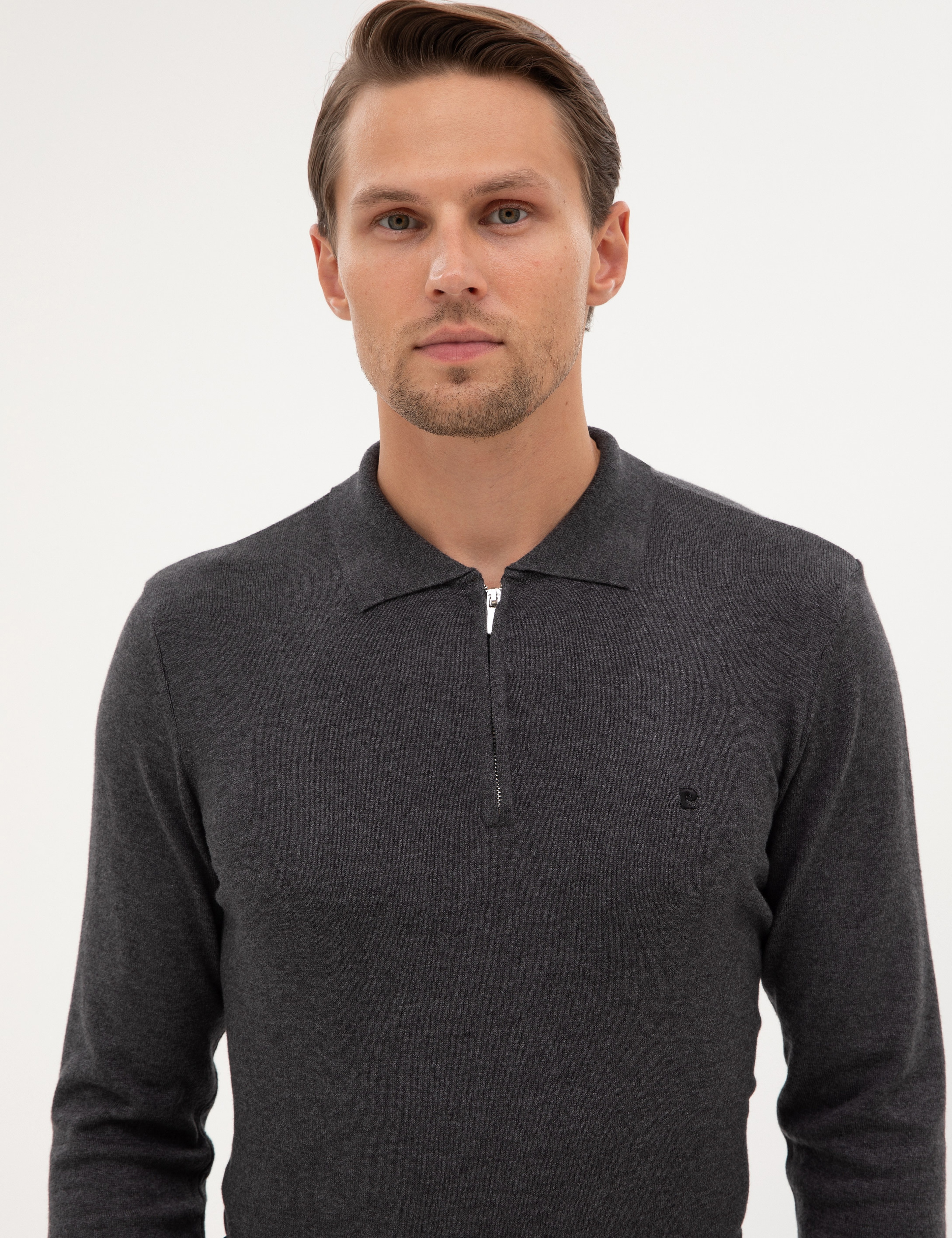 Antrasit Melanj Slim Fit Polo Yaka Fermuarlı Basic Triko Kazak - Image 2