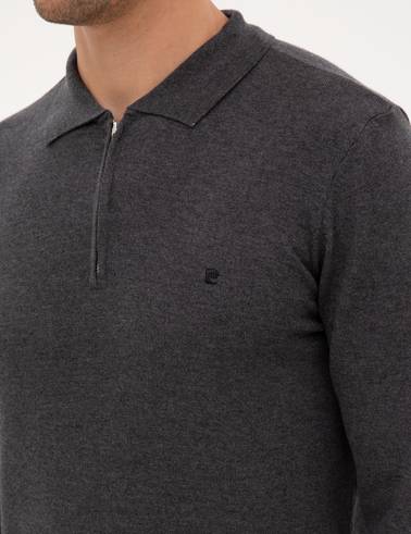 Antrasit Melanj Slim Fit Polo Yaka Fermuarlı Basic Triko Kazak
