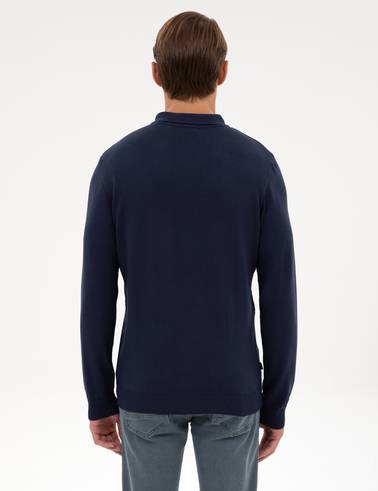 Açık Lacivert Slim Fit Polo Yaka Fermuarlı Basic Triko Kazak