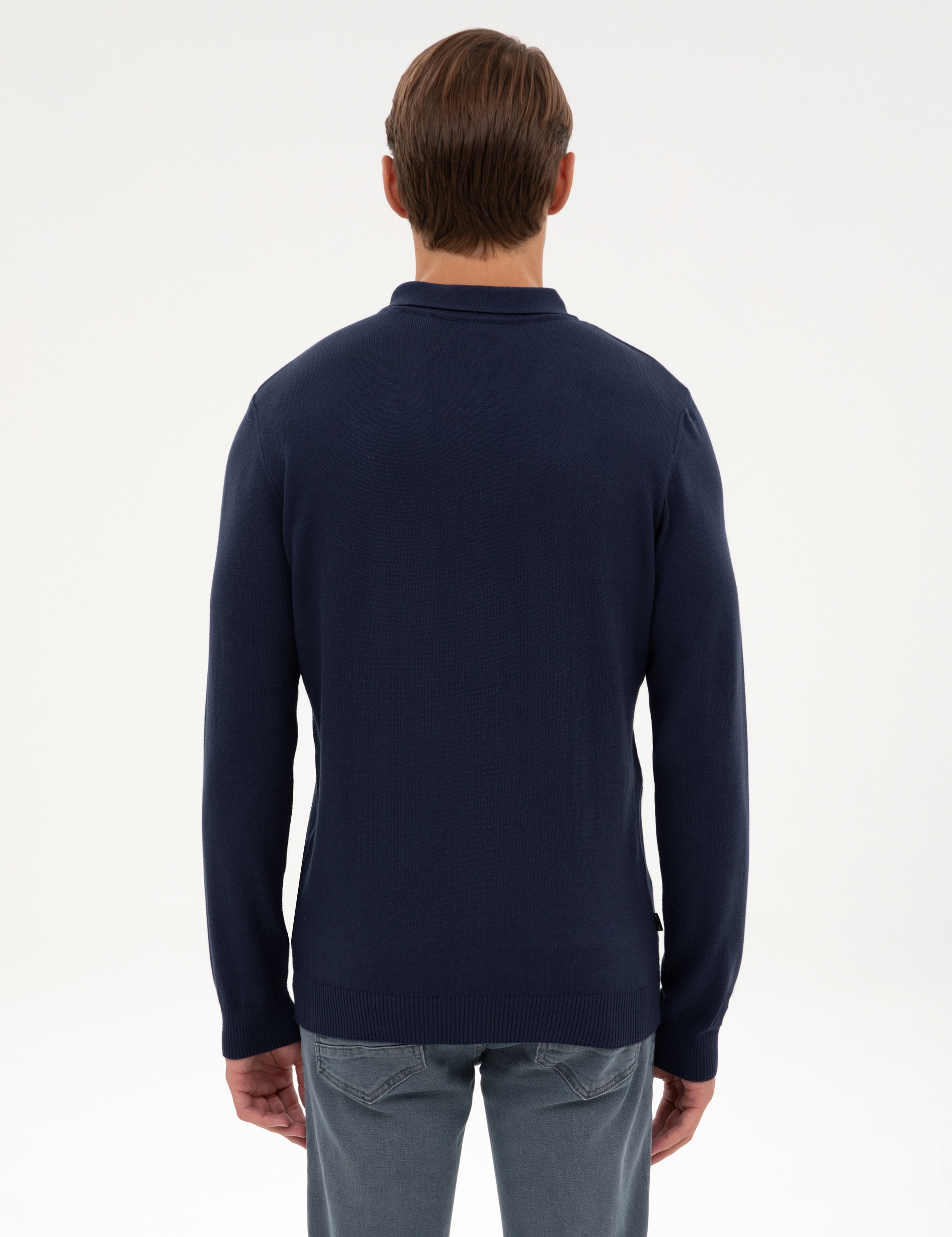 Açık Lacivert Slim Fit Polo Yaka Fermuarlı Basic Triko Kazak