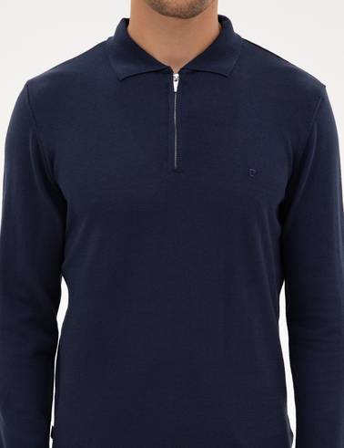 Açık Lacivert Slim Fit Polo Yaka Fermuarlı Basic Triko Kazak