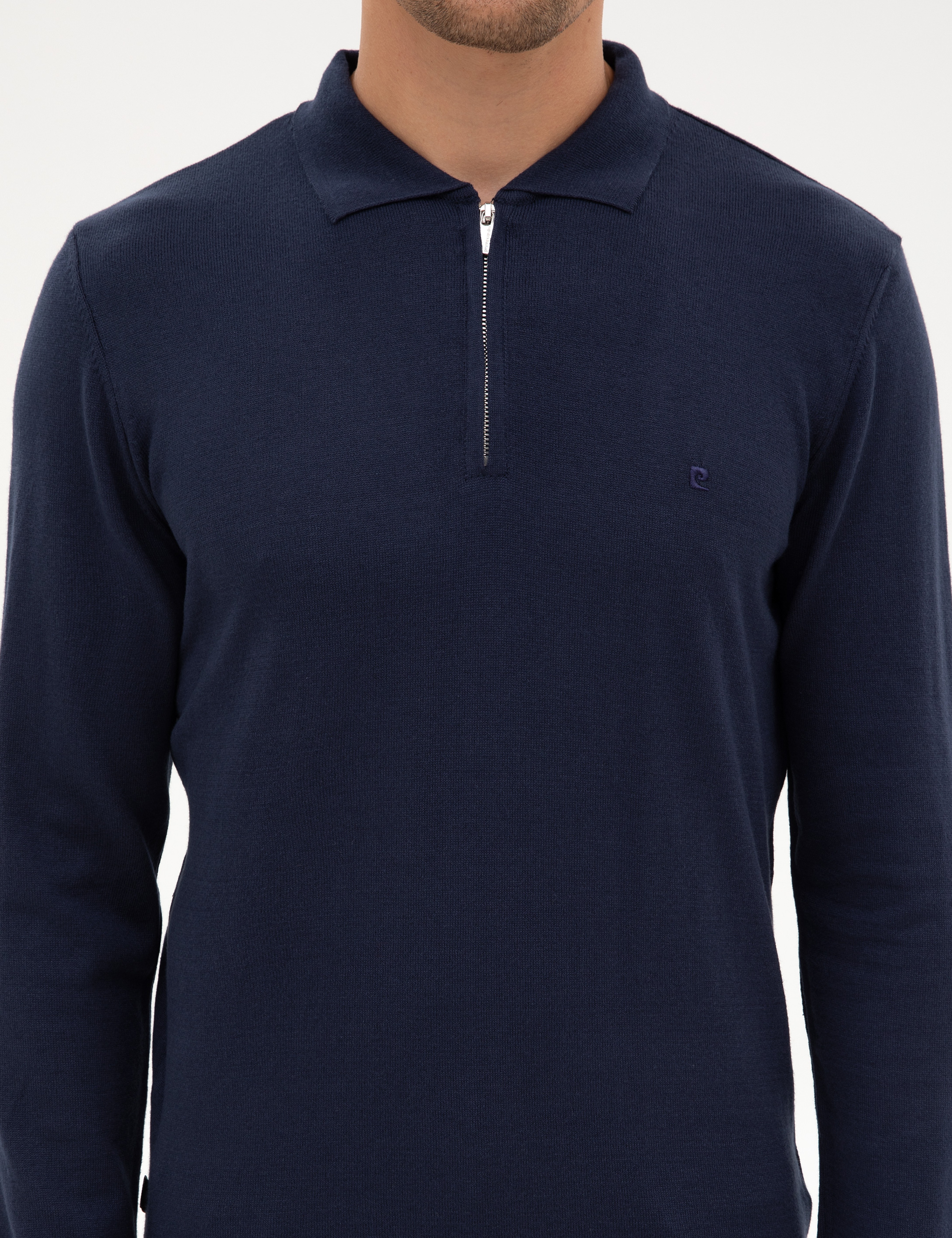 Açık Lacivert Slim Fit Polo Yaka Fermuarlı Basic Triko Kazak - Image 6