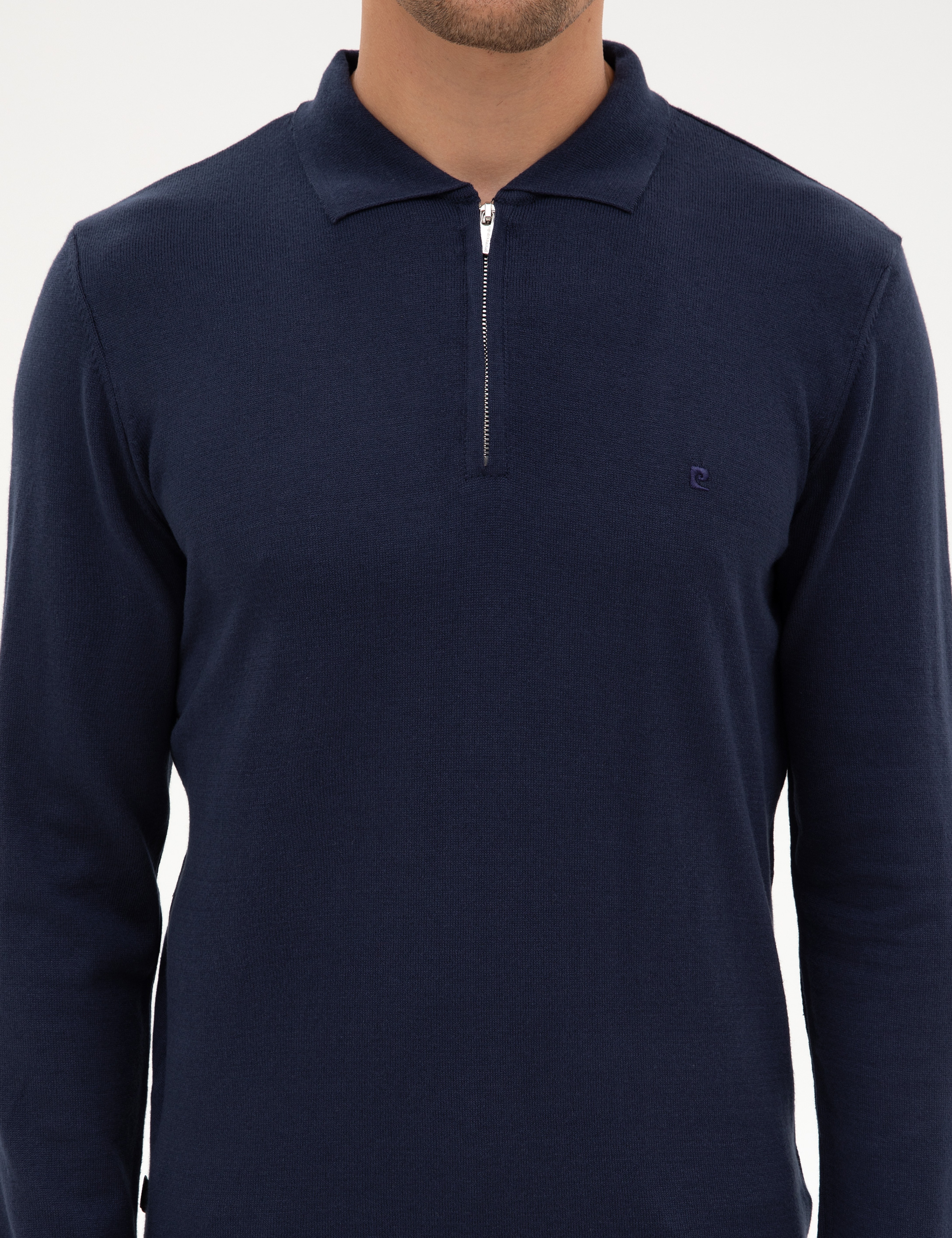 Açık Lacivert Slim Fit Polo Yaka Fermuarlı Basic Triko Kazak
