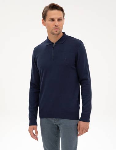 Açık Lacivert Slim Fit Polo Yaka Fermuarlı Basic Triko Kazak