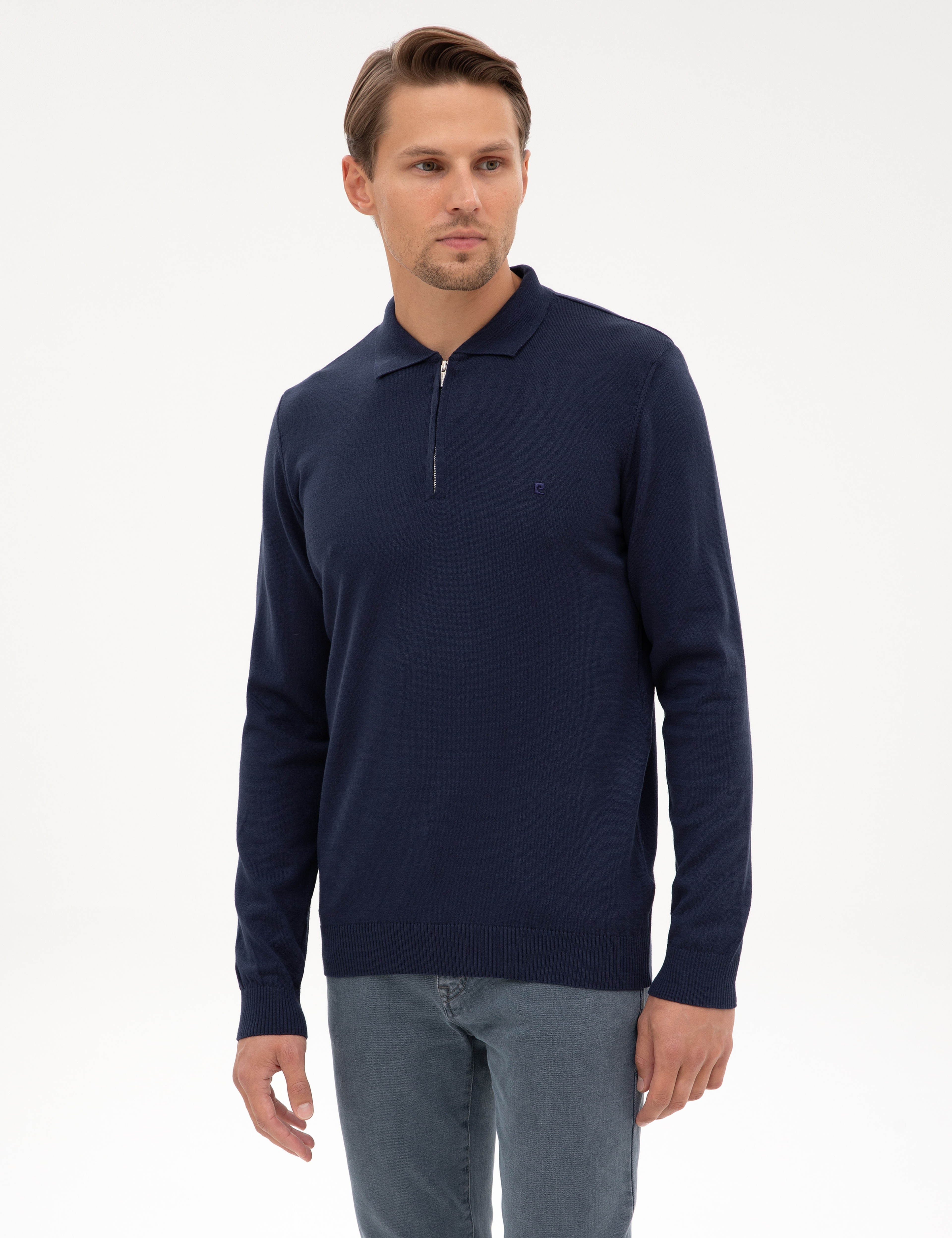 Açık Lacivert Slim Fit Polo Yaka Fermuarlı Basic Triko Kazak