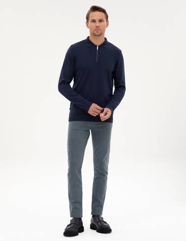 Açık Lacivert Slim Fit Polo Yaka Fermuarlı Basic Triko Kazak