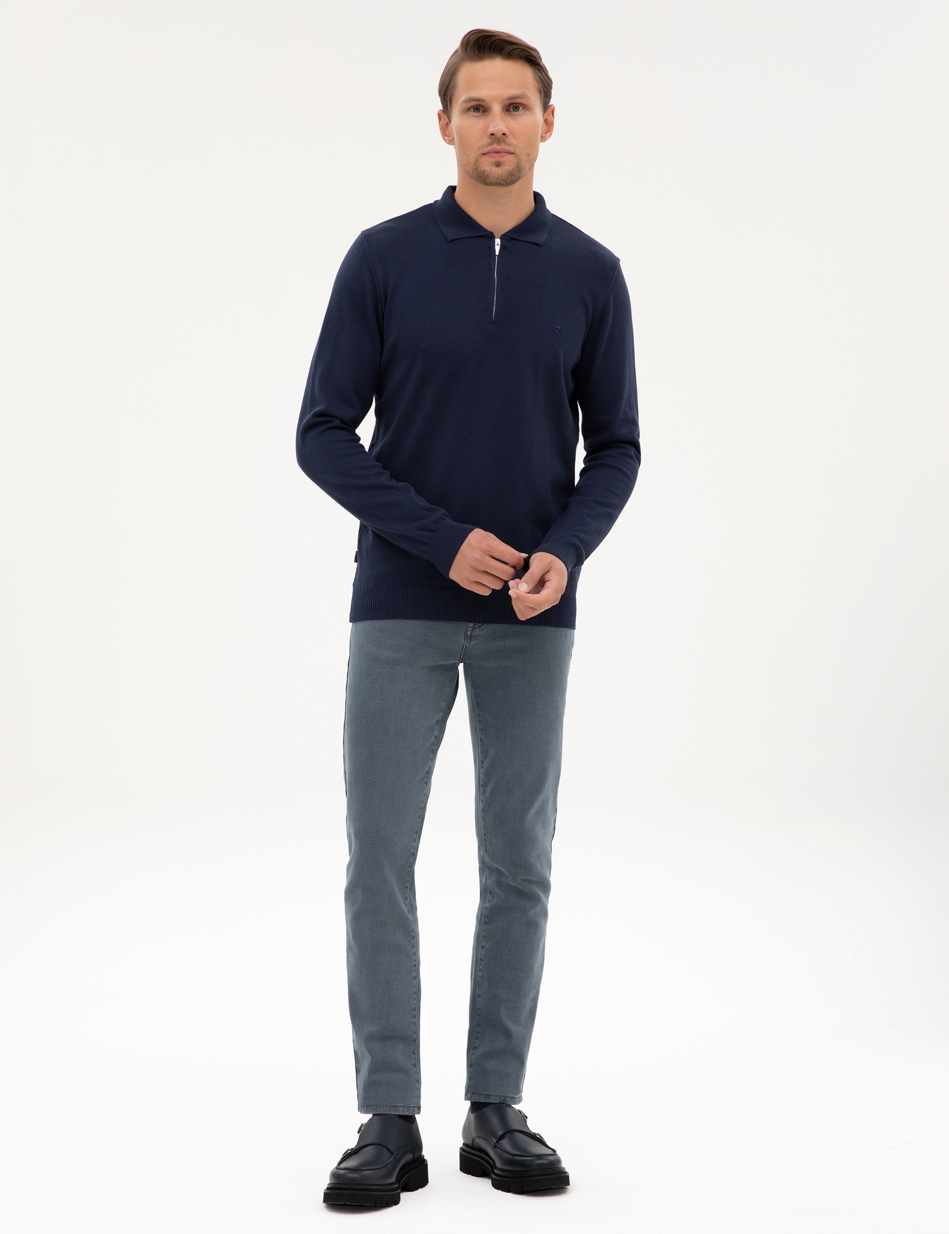 Açık Lacivert Slim Fit Polo Yaka Fermuarlı Basic Triko Kazak - Image 4