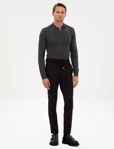 Siyah Slim Fit Beli Lastikli Kordonlu Jogger Kanvas Pantolon