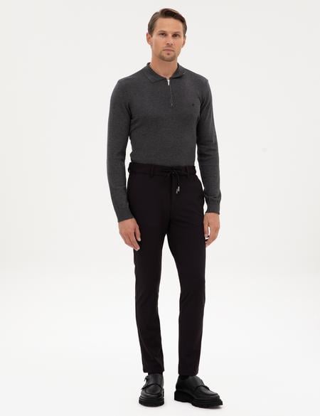 Siyah Slim Fit Beli Lastikli Kordonlu Jogger Kanvas Pantolon - 50317281130