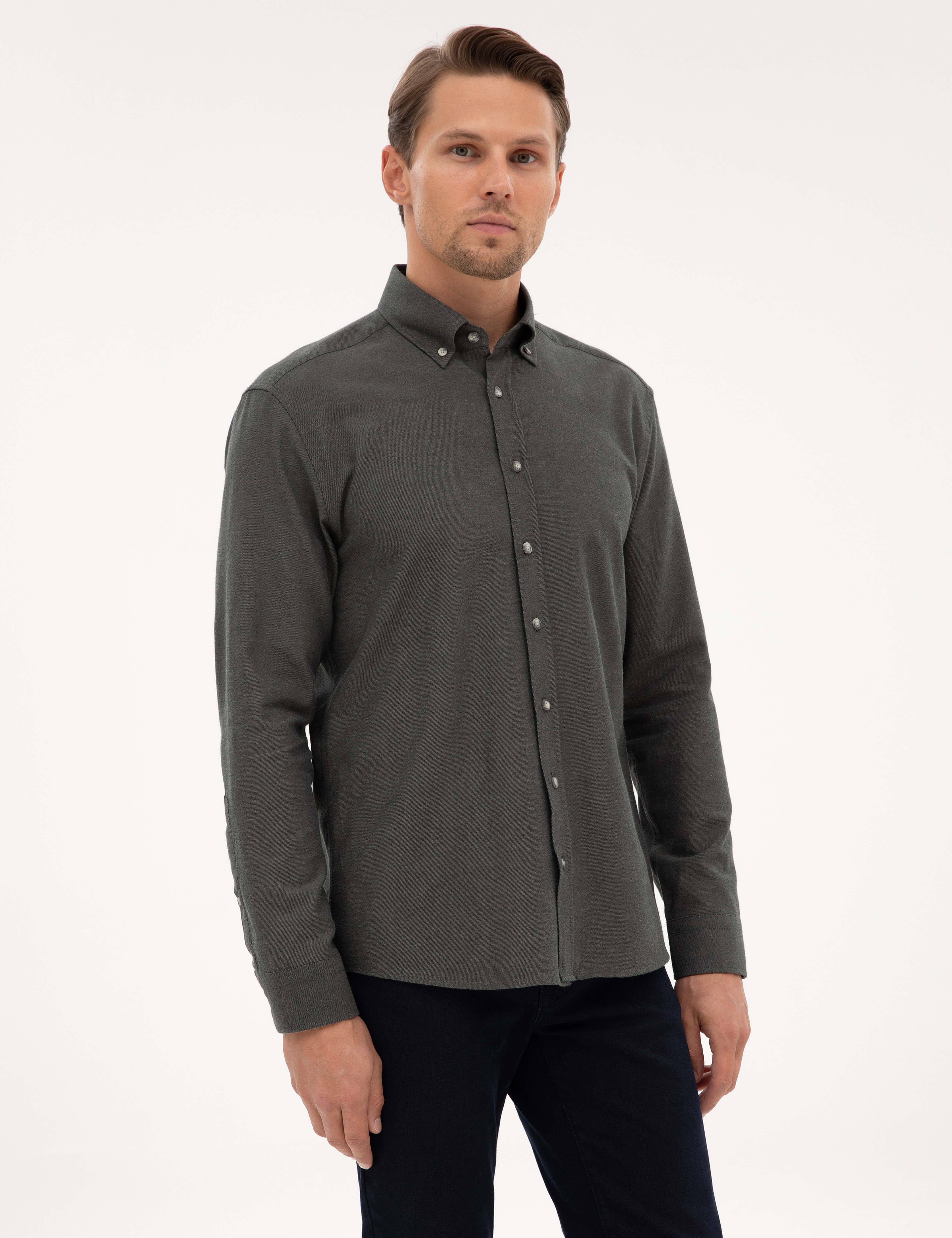 Koyu Haki Regular Fit Uzun Kollu Gömlek - Image 3
