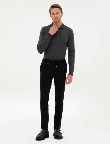 Siyah Beli Lastikli Kordonlu Klasik Jogger Pantolon