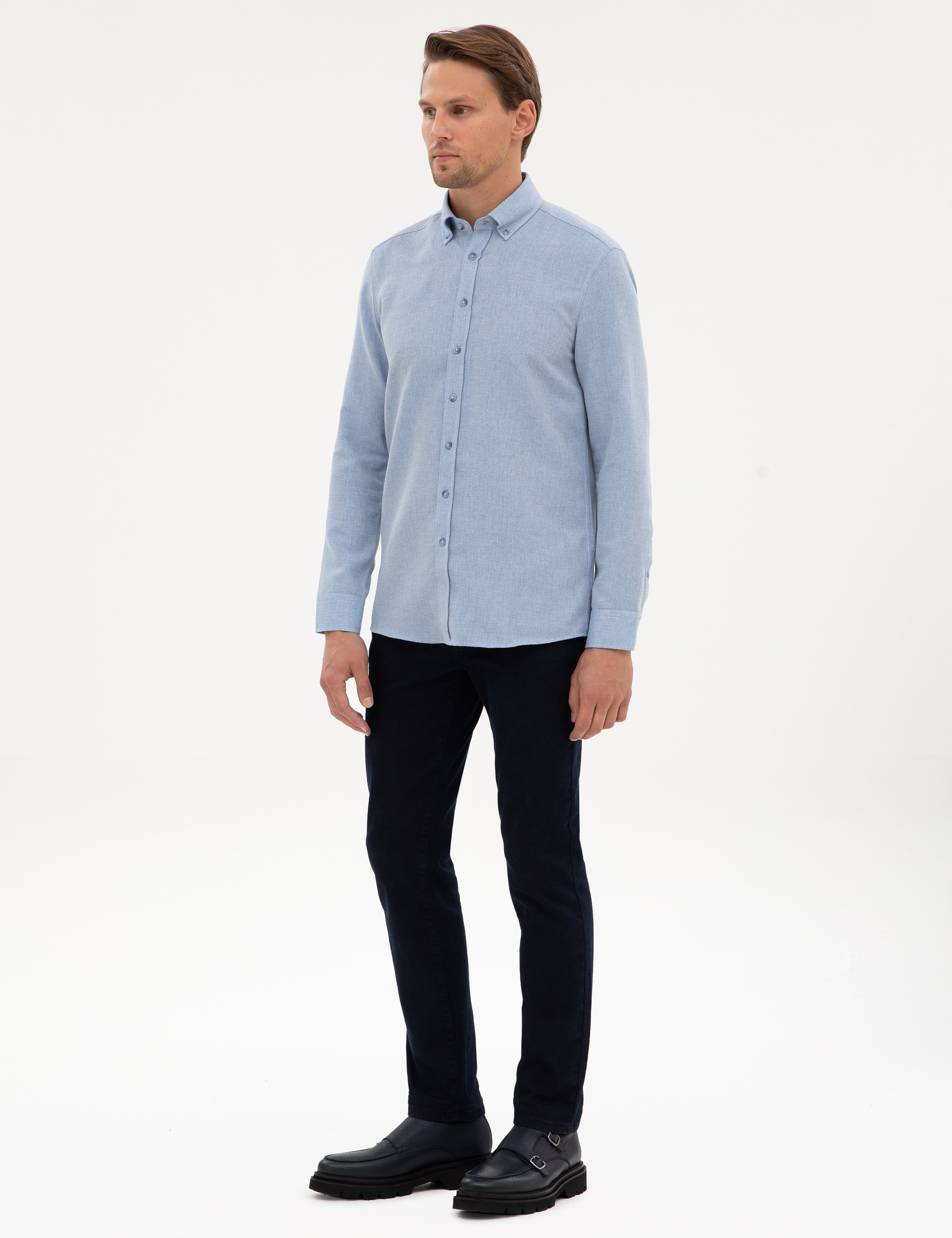 Mavi Slim Fit Dokulu Uzun Kollu Gömlek - Image 4