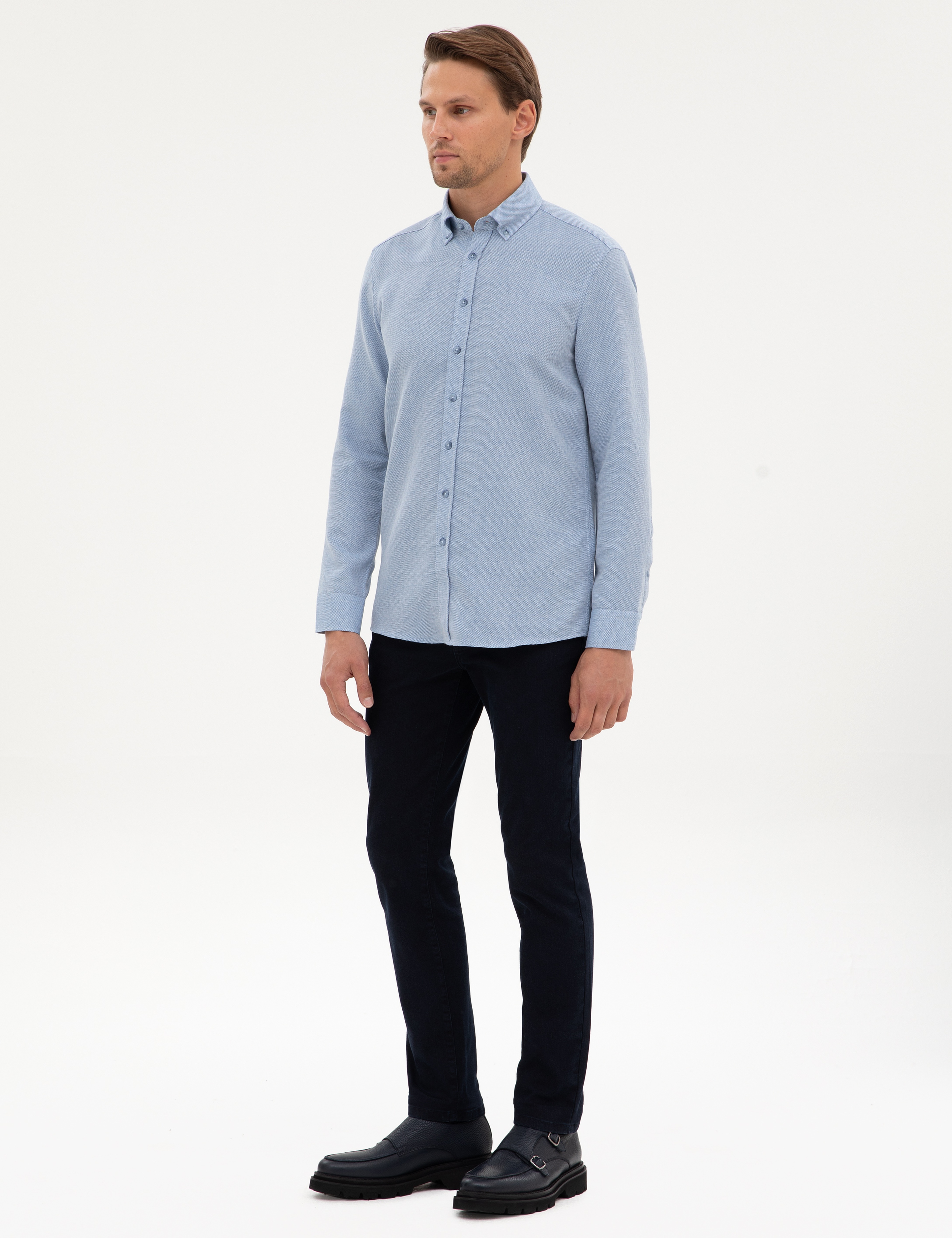 Mavi Slim Fit Dokulu Uzun Kollu Gömlek