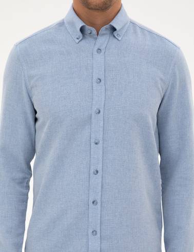 Mavi Slim Fit Dokulu Uzun Kollu Gömlek
