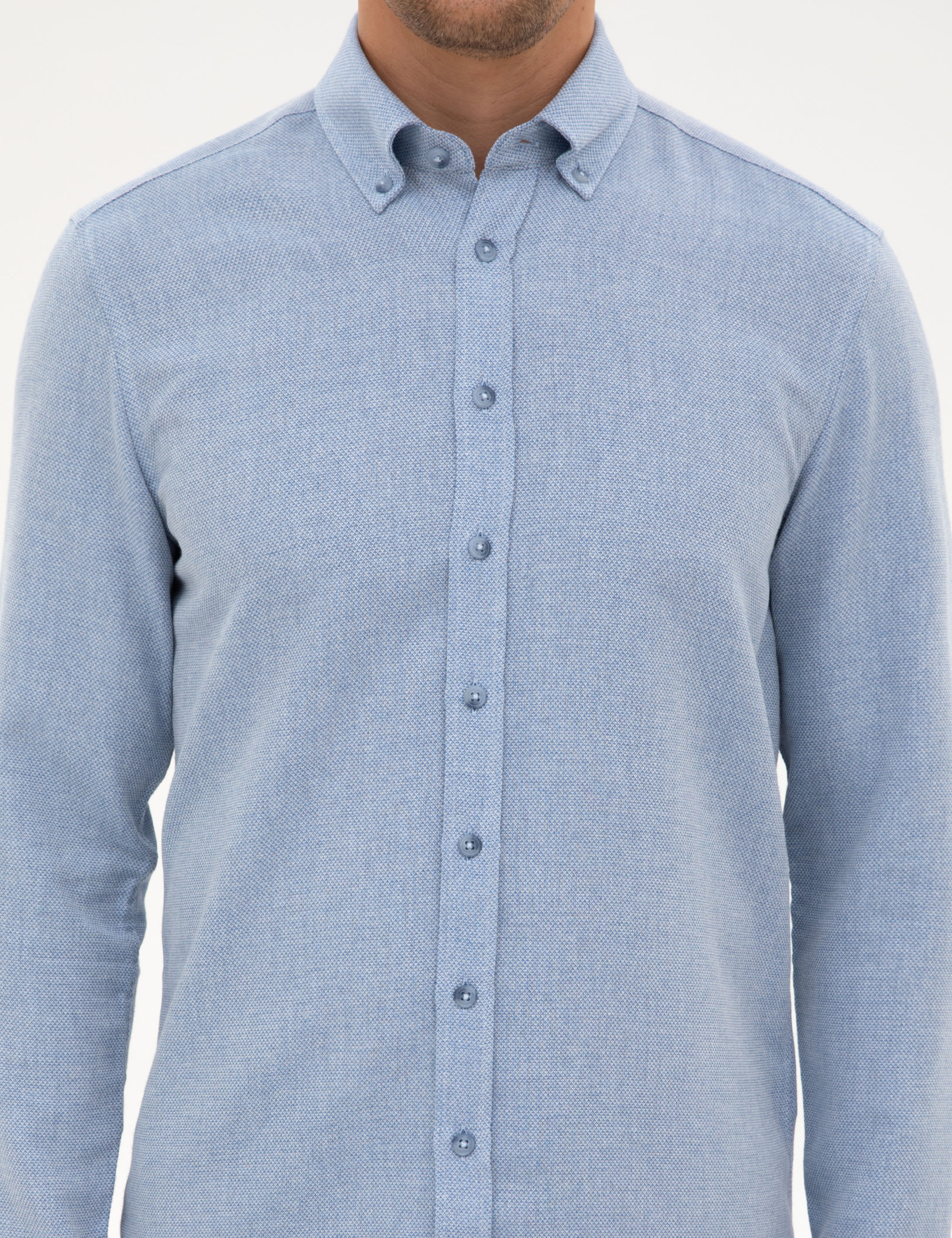 Mavi Slim Fit Dokulu Uzun Kollu Gömlek - Image 6