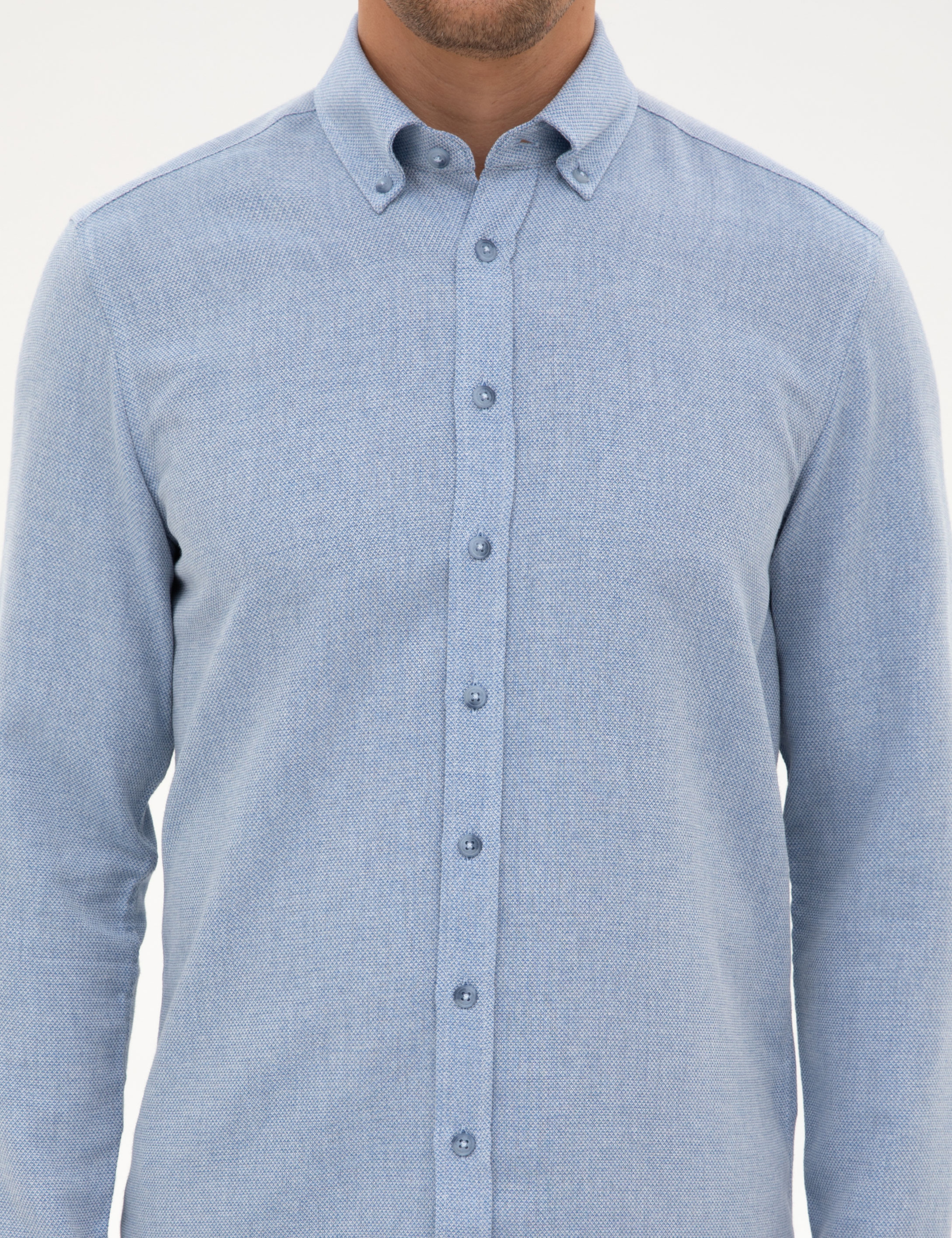 Mavi Slim Fit Dokulu Uzun Kollu Gömlek